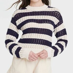 Universal Thread Women's XS Open-Knit Striped Sweater Navy Blue White Nautical